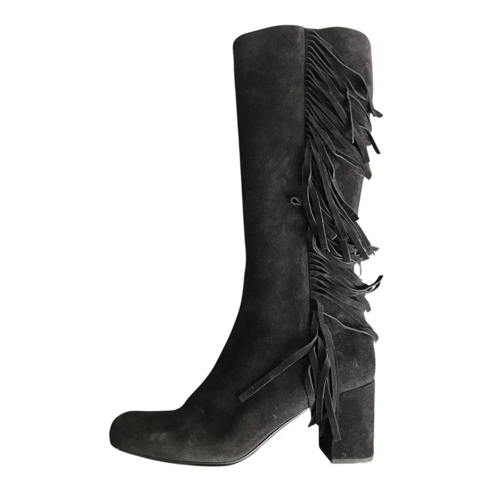 Saint Laurent Boot 10 Fringe Knee High YSL Suede Quiet Luxury Boho Festival Chic